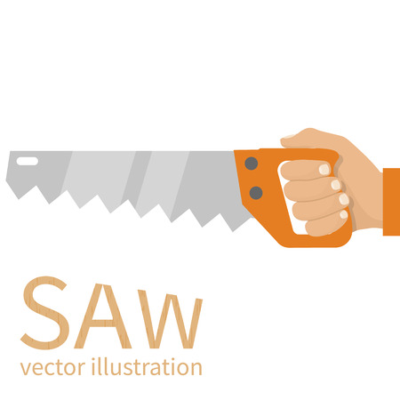 Man holding saw. Carpenter with saw in his hand. Vector illustration flat design. Carpentry work. Lumberjack, cabinetmaker, woodworker.のイラスト素材