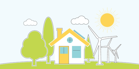 Natural energy. House alternative energy. environmental conservation concept. Banner eco energy. Vector illustration, flat minimalistic design line style. Protection ecology innovative technology.のイラスト素材
