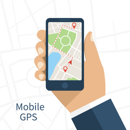 Mobile gps navigation on mobile phone. Hand holds smartphone with city map on screen. Vector illustration flat design. Icon isolated GPS mobile device.のイラスト素材