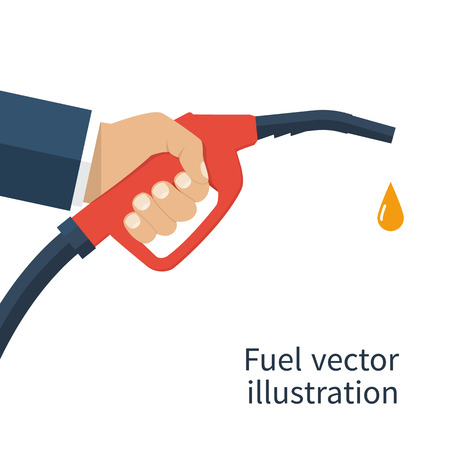 Fuel pump in hand man. Petrol station. Holding fuel nozzle. Gasoline pump with drop.  illustration flat design style. Icon isolation on a white background.のイラスト素材