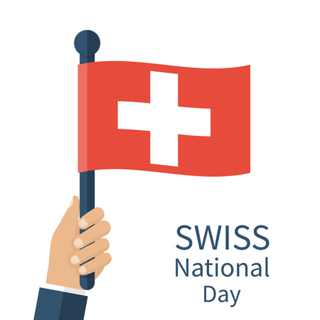 Swiss international day, August 1. Swiss flag in hands of men. illustration flat style design.のイラスト素材