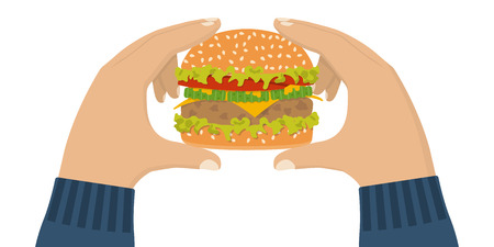 Hamburger holding in hand, isolated. illustration flat style design. Eating fast food concept.のイラスト素材