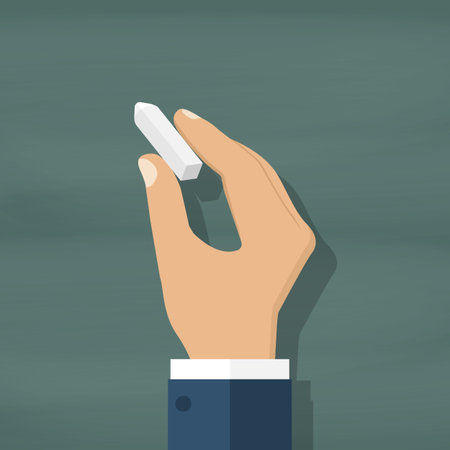 Hand with chalk isolated on background green chalk board. Write chalk.のイラスト素材