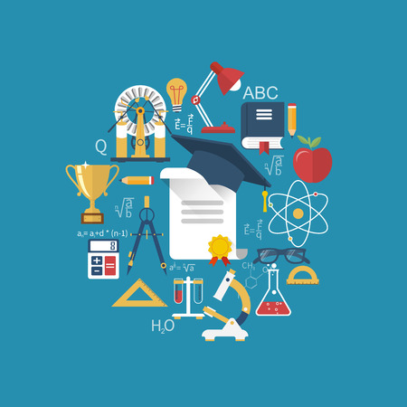 Education and learning concepts. Abstract circle with signs and elements of school subjects. Flat design, illustration. Education background.のイラスト素材