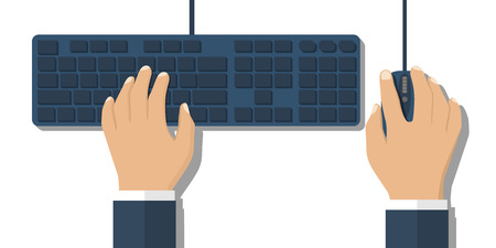 Hands on the keyboard and mouse. Flat style design,illustration. Work space user's computer. Programmer, freelancer, designer, office employee.のイラスト素材
