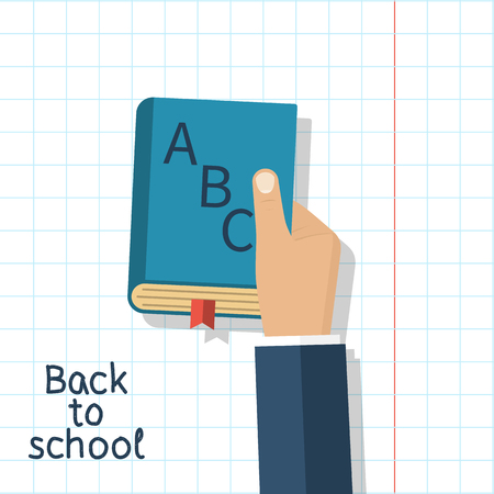 Man holding school book alphabet. Vector illustration flat design. Isolated book ABC in hand on the background of a sheet of paper. The concept of education Back to school.のイラスト素材