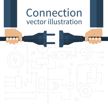 Connection, disconnection electricity. Vector illustration flat design. Men are holding in hand plug and socket to connect. Abstract concept isolated on the background of electric circuit.のイラスト素材