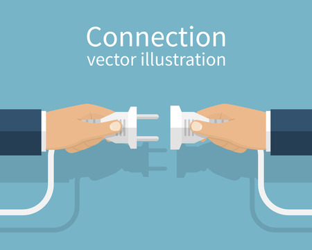 Business connection concept. Partnership. Vector illustration flat design. Businessmen connecting hold plug and outlet in hand, isolated on background. Cooperation interaction.のイラスト素材