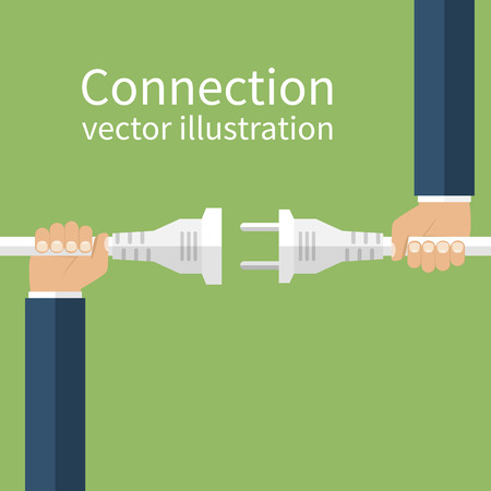 Electric plug and socket in hands of two men making the connection, disconnection. Vector illustration flat design. Abstract concept isolated on the background.のイラスト素材