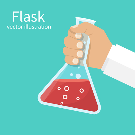 Doctor medicine holds flask in hands. Vector illustration flat design. Laboratory research, testing. Reaction of chemical solution in flask.のイラスト素材