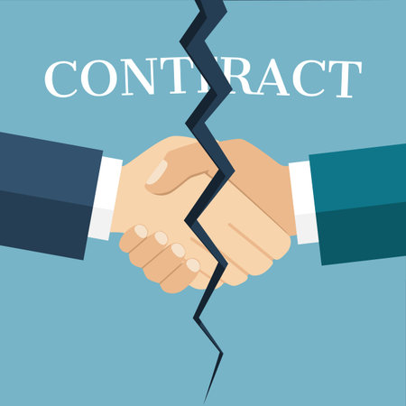 Abstract handshake between two businessmen, cracked in half, as a symbol of termination of contract. Terminated contract concept. Flat design style vector illustration. End deal.