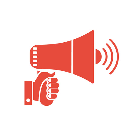 Hand holding megaphone, isolated icon on white background. Speaker, loudspeaker sign silhouette. Vector illustration of a flat design. Advertising and promotion symbol.のイラスト素材