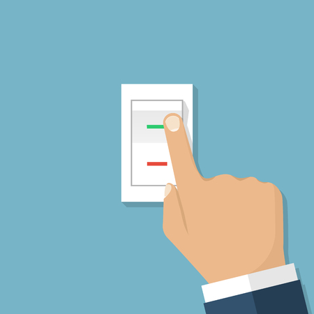 Man hand push button switch. Vector illustration flat design style. Electric control switch by pressing hand. White button with indicator lamps.のイラスト素材