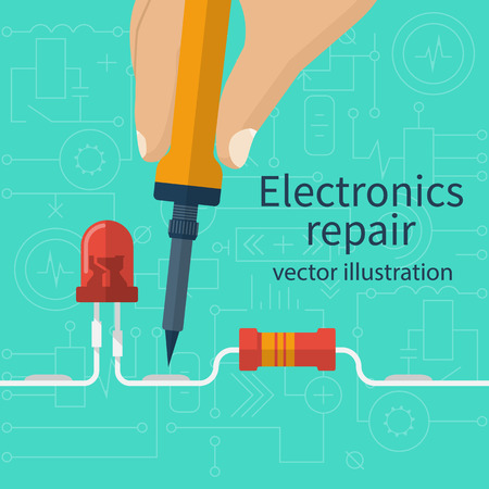 Electronics repair concept. Calibration, diagnostics, checking, maintenance, electronics, computer equipment. Service center, workshop banner, template. Soldering iron in hand man. Vector flat style.のイラスト素材