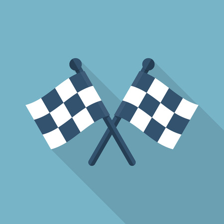 Racing flag icon flat style design. Isolated two checkered flag crosswise with a long shadow. Sport competitions. Sign of start and finish. Vector illustration.のイラスト素材