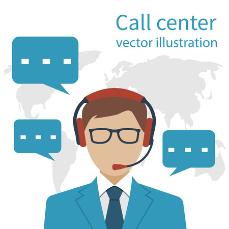 Operator call center on background of the world map. Communicable consultant with headset, customer service. Vector illustration flat style design.のイラスト素材