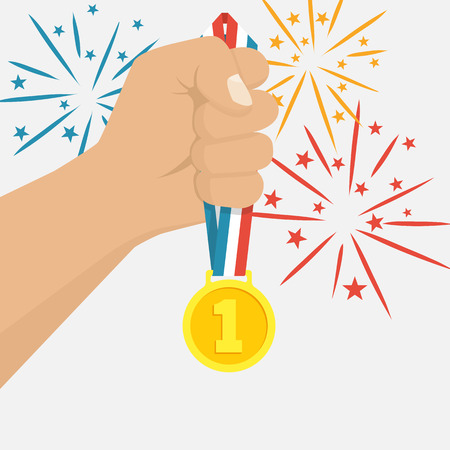 Gold medal with ribbon in hand. Sportsman winner is awarded prize for the first place.  Vector illustration flat design style. Victory salute medalist in background.のイラスト素材
