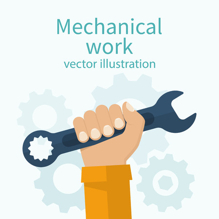 Wrench in hand human isolated on background. Mechanical work. Vector illustration flat design. Worker holding tool.のイラスト素材
