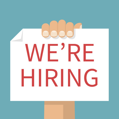 We are hiring concept. Man holds a placard with the advertisement of hiring. Announce with text holding hands. Vector illustration flat design.のイラスト素材