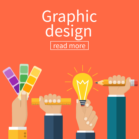 Graphic design concept. Group team of designers hold in hand tools for drawing. Creative idea. Vector illustration flat design.のイラスト素材