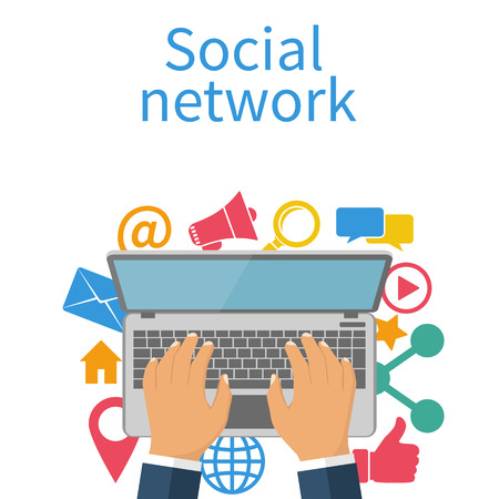 Social media network concept. Human with laptop in social network. Vector illustration flat designstyle. Set icons.のイラスト素材