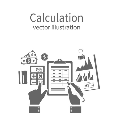 Calculation concept, icon. Businessman, accountant . Flat design, Vector Illustration. Financial calculations, counting profit, income, taxes, statistics, data analytics, planning, report.のイラスト素材