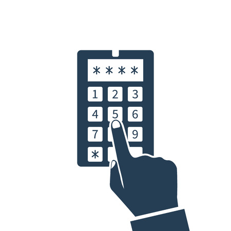 Human hand presses on the button, entering security system code, icon. Combination  PIN code on keypad. Password house alarm. Digital combination lock wall. Vector illustration flat design.のイラスト素材
