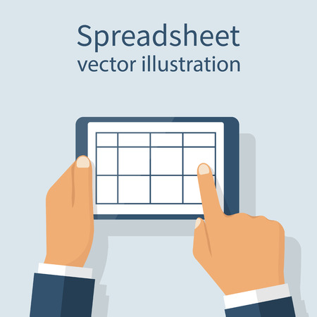 Spreadsheet on tablet screen. Designer keeps in the hands of the mobile device. Template for data reporting. Vector illustration flat design. Isolated on background.のイラスト素材
