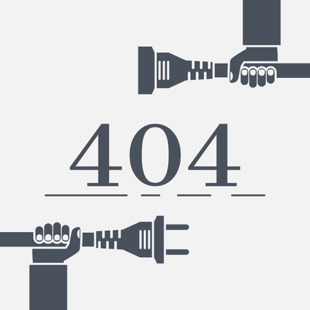 404 Error, page not found. Connection error. Electrical outlet and plug in hand man disabled,...