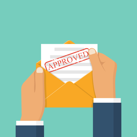 Application Approved concept. Man holds an open letter in hand with "Approved" stamp. Application successfully accepted. Hold envelope in hands. Vector illustration flat design.のイラスト素材