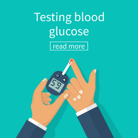 Diabetes concept, man holds in hand glucometer measures blood sugar level. Blood drop test strip. Medical diagnostics apparatus at home. Vector illustration flat design. Equipment monitoring health.のイラスト素材