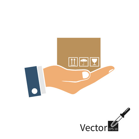 Delivery icon concept. Express cargo delivery, service. Courier delivered a package, hold in hand, silhouette. Vector illustration flat design. Isolated on white background.のイラスト素材