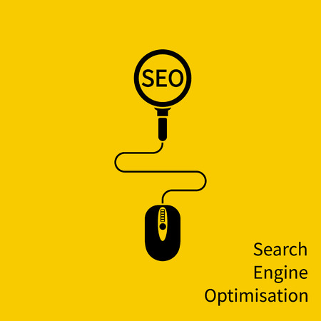SEO icon, concept. Mouse and magnifying glass as a symbol of searching optimization process. Data analysis, global seo analytics, market stats, social media. Vector illustration flat minimal design.のイラスト素材