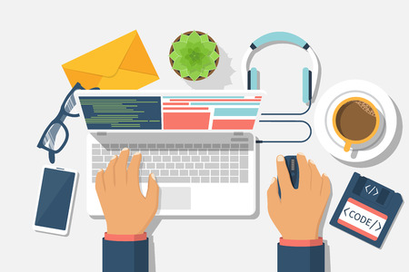 Developer web concept. Programmer write code for laptop. Software coding, programming languages, testing, debugging, web site. Search engine. Desktop web designer. Vector illustration flat design.のイラスト素材