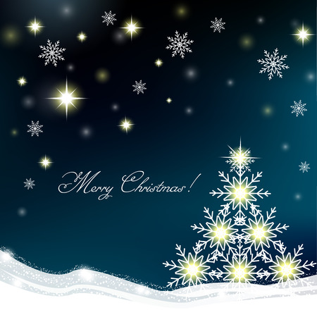 On the eve of New Year, Christmas shiny Christmas tree from snowflakes. Abstract background with bright stars shine, glare, flash and glitter. Postcard invitation to the New Year, Christmas. Vector illustration.のイラスト素材