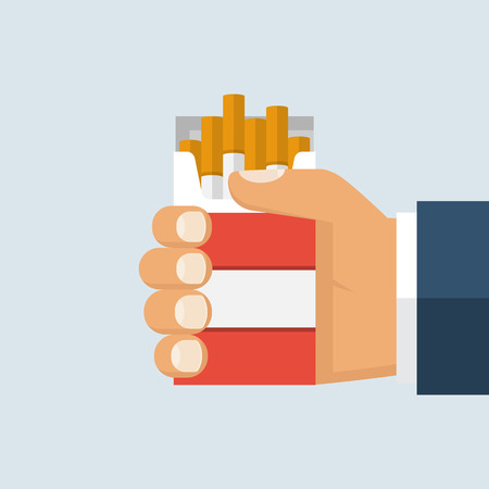 Open pack of cigarettes in hand man. Vector illustration flat design. Isolated on white background. Bad habits. Smoker offers a cigarette. Template banner about the dangers of smoking.のイラスト素材
