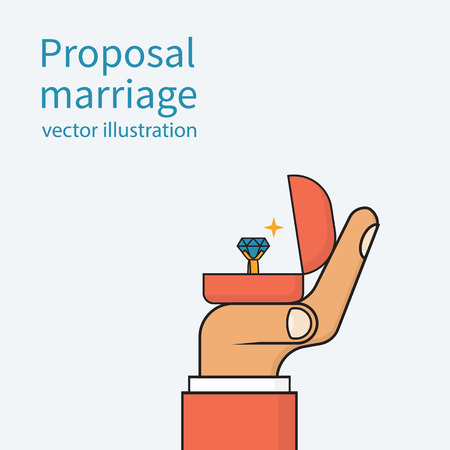 Proposal marriage, vector illustration minimal flat design. Man is holding in hand an open box with a wedding ring and diamond. outlineのイラスト素材