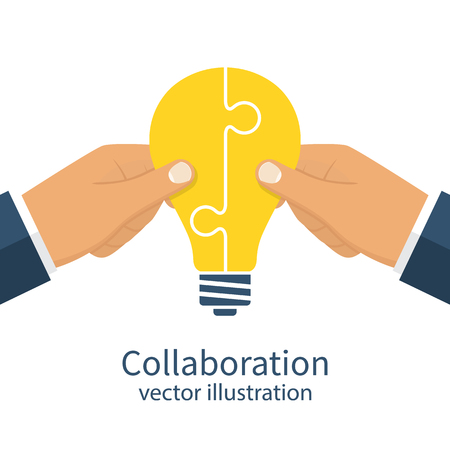 Collaboration concept. Completing business idea. Cooperation, teamwork. Successful solution puzzle. Symbol of partnership. Vector, flat design. Businessmen hold puzzle in hand connected in lightbulbのイラスト素材