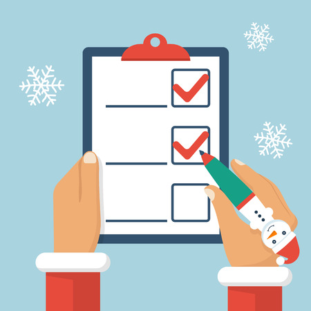 Santa Claus with a pen in the form of a snowman writes a list of donated gifts. Vector illustration flat design. Snowflakes on background. Clipboard in hand isolated.のイラスト素材