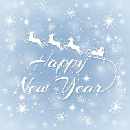 Happy New 2017 Year. Holiday. Blue snowy winter background and bright glare. Calligraphy and Santa Claus in a sleigh with reindeer. Vector illustration flat design.のイラスト素材