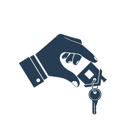 House key in hand icon. Real estate agent holds the key from home. Concept of selling, renting template.  Vector illustration flat design. Silhouette, pictogram.のイラスト素材