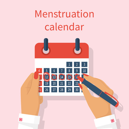 Woman notes in the calendar menstrual cycle. Menstruation calendar in hand female. Monthly period. Write calendar. Vector illustration flat design. Isolated on background. PMS.のイラスト素材