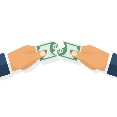 Conflict between two businessmen, concept. Dollar bill torn in half. Tearing money holding hand. Torn dollar banknote. Vector illustration flat design. Isolated on white background. Financial crisis.のイラスト素材