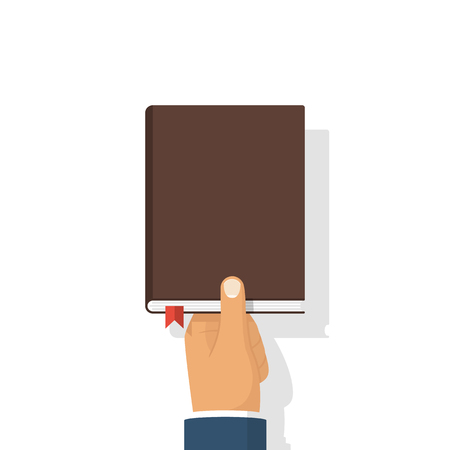 Book in hands. Holding cover isolated on white background. Vector illustration flat design. Education, study, learning. Blank cover template. Presentation brochure. Textbook with bookmarkのイラスト素材
