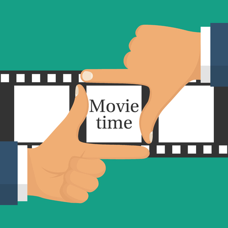 Video filming concept. Movie time isolated. Coming soon template. Gesture male hand frame on the filmstrip background.のイラスト素材
