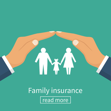 Family insurance. Protection concept. Insurance agent gesture hand protects the family. Vector illustration flat design.のイラスト素材