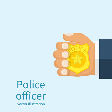 Police officer holds badge in hand. Cop introduced. Vector illustration flat design. Isolated on white background.のイラスト素材