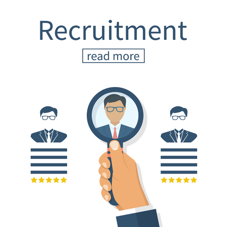 Recruitment concept. Human resources. Businessman employer search resume staff selects candidates.のイラスト素材