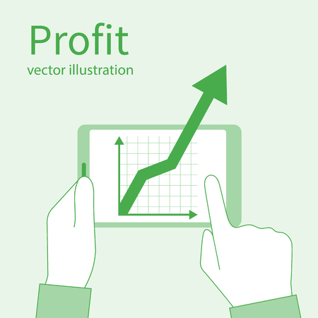 Profit growth, investment concept. Increase in profit. Man hold in hands tablet with business chart. Vector flat minimal design. Market analytical data. Analyzing stock market. Financial diagram.のイラスト素材