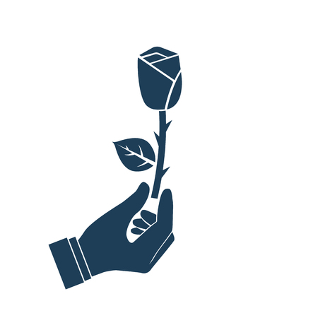 Hand hold rose icon. Vector illustration flat design style. Give flowers. Make a gift. Black silhouette isolated on white background. Template for congratulations. Pictogram flower.のイラスト素材